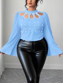 Elenzga 大码优雅通勤串珠装饰镂空喇叭袖T恤 - 藍色 - 查看 3