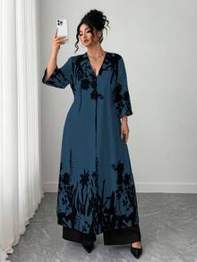 Elenzga 大码女式休闲印花外套和裤子两件套 - 藍色 - 查看 4