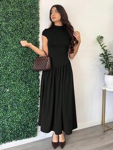 Andrea Bello 女款純色極簡休閒短袖洋裝，優雅女裝，適合嬌小女性 - 黑色 - 查看 5