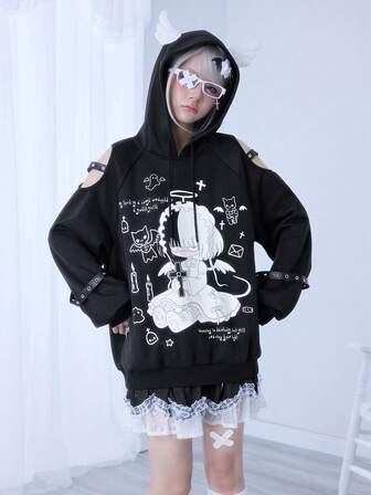Kawaii Anime Yandere Krankenschwester Engel Kreuz Ausschnitt Schulter Flügel Ohr Hoodie Sweatshirt