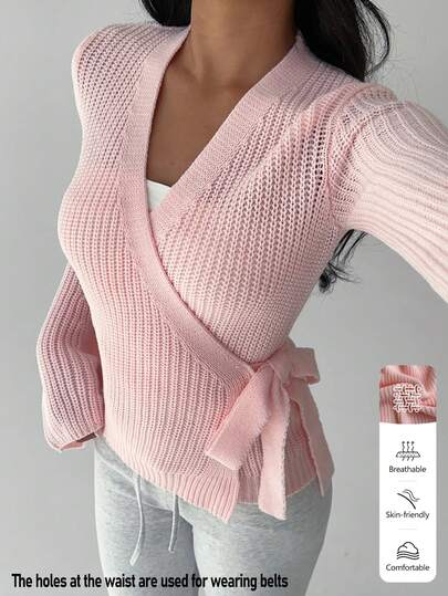 FavEase Women's Solid Color Long Sleeve Fashionable Versatile Criss-Cross Tie Front Cardigan, Autumn