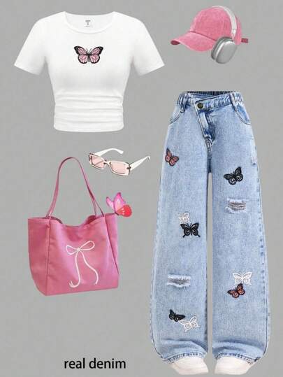SHEIN ChillGRL 青少年女孩可爱蝴蝶领设计直筒牛仔裤和短袖 T 恤 2 件套
