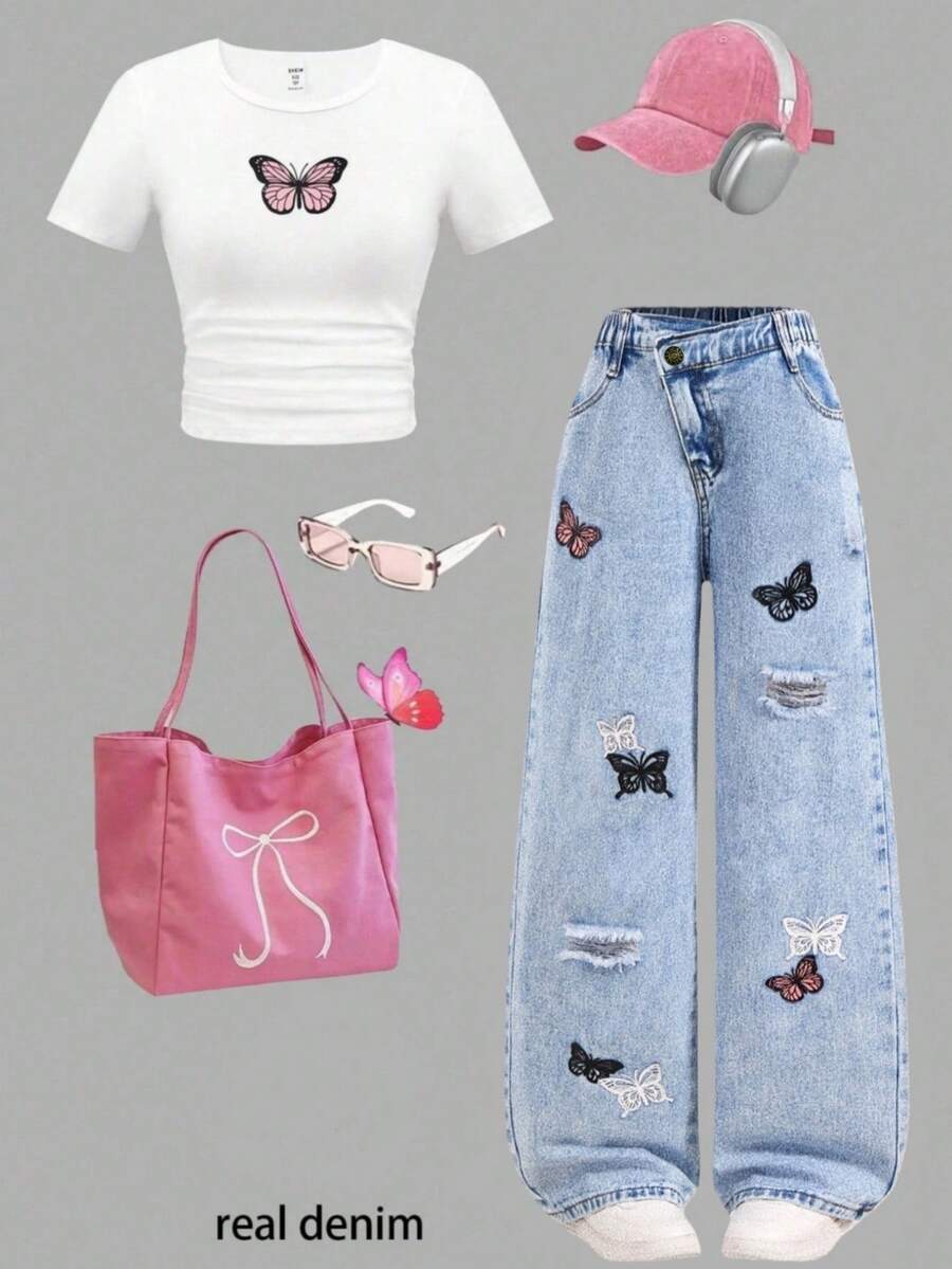 SHEIN ChillGRL 青少年女孩可爱蝴蝶领设计直筒牛仔裤和短袖 T 恤 2 件套