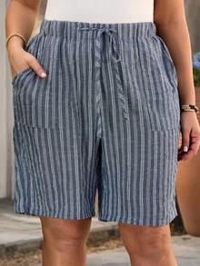 EMERY ROSE 大码女式夏季休闲条纹抽绳腰短裤 - 彩色 - 查看 3