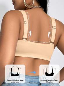 SHEIN 大码女士无缝无钢圈聚拢软支撑V领文胸，宽肩带舒适一体式 - 杏色 - 查看 2