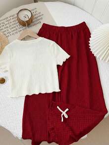 LMoss Kids LMoss Tween Girl 2pcs Tween Girls' Jacquard Jacquard Bodysuit Top And Textured Wide-Leg Pants Set - Red and White - View 2