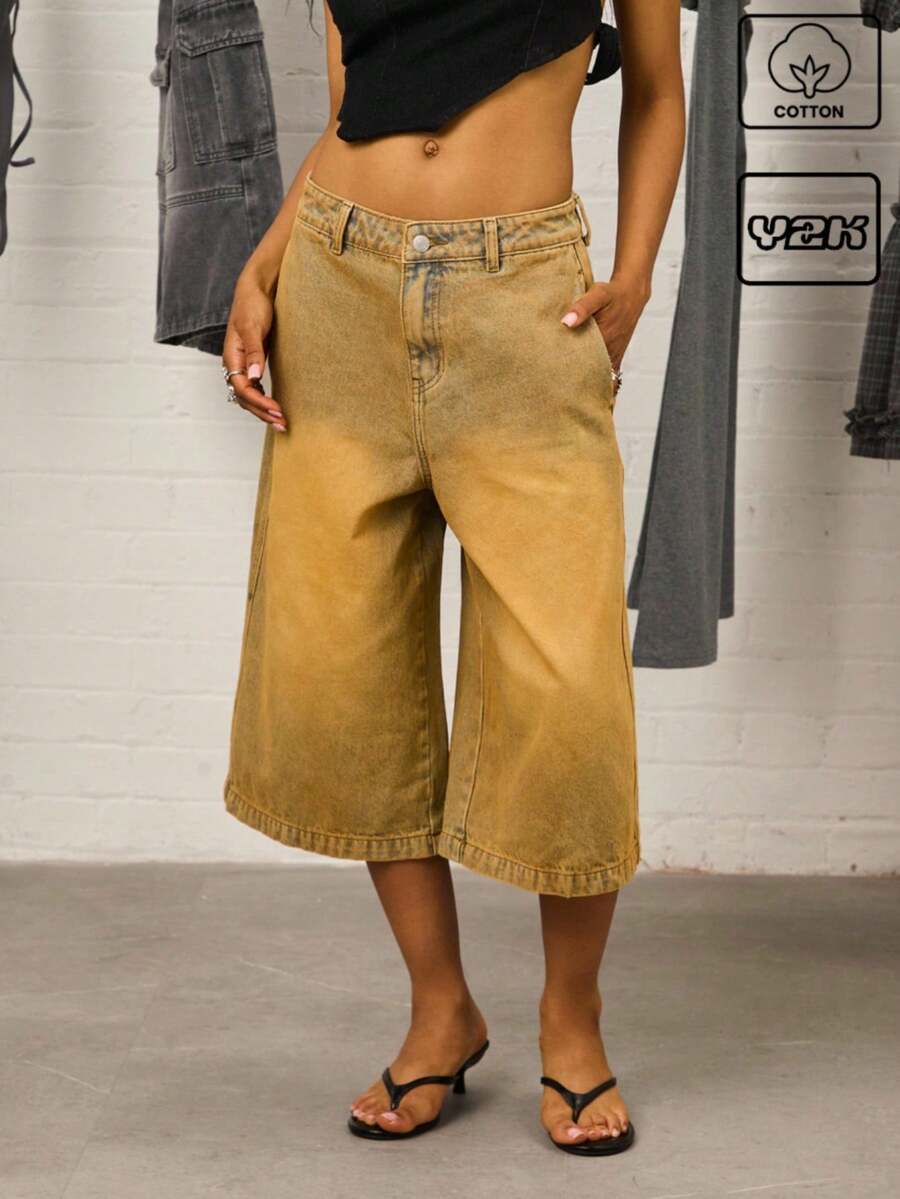 COUREZ 低腰牛仔短裤，黄色水洗/Y2K低腰牛仔裤，外出穿搭，街头风，棉质，复古，秋季女装，秋季服装，度假穿搭 - 芥末黃 - 查看 1