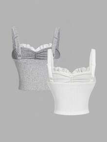 SHEIN MOD 两件装女士荷叶边系带吊带背心，适合海滩度假、下午茶聚会、优雅场合、舞会、可爱上衣、夏季度假、灰白相间、休闲场合、海滩、情人节、春夏、派对、蕾丝上衣等。 - 彩色 - 查看 3