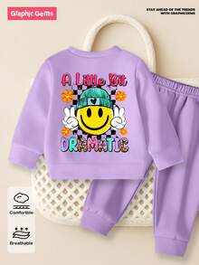 2 件套女婴可爱脸部印花紫色休闲圆领长袖运动衫和裤子套装，适合秋冬穿着