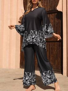 Swim Mulvari Bộ đồ bơi 2 mảnh cổ tròn tay dài in họa tiết thời trang cỡ lớn dành cho nữ, trang phục thường ngày khi đi nghỉ mát - màu đen - Xem 5