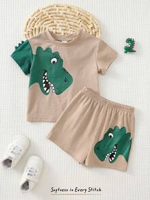 Cozy Pixies 2pcs Baby Boy Cartoon Dinosaur Pattern Knit Soft Round Neck Short Sleeve Top And Elastic Waist Shorts Set,Beige,Summer,Casual,City Break Outfit Sets - Multicolor - View 3