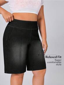 Flexra Plus Size Solid Color Casual Denim Shorts - Black - View 3