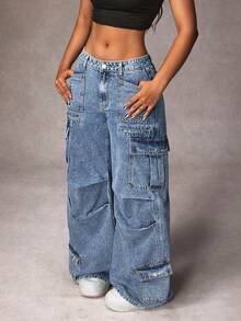 Jeanoix Plus Size Women Street Style Loose Multi-Pocket Denim Jeans Baggy Jeans Y2k Oversized Jeans Loose Jeans Cargo Jeans Wide Leg Jeans - Blue - View 1
