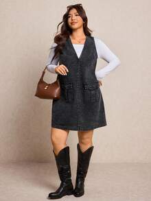 Elaquor Plus Size Women V-Neck Pocket Washed Casual Dress - Black - View 3