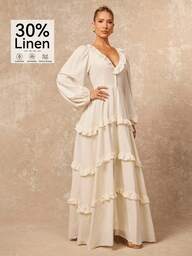 Lumalex ชุดเดรสแขนโคมไฟสีพื้นเอวระบายของผู้หญิง