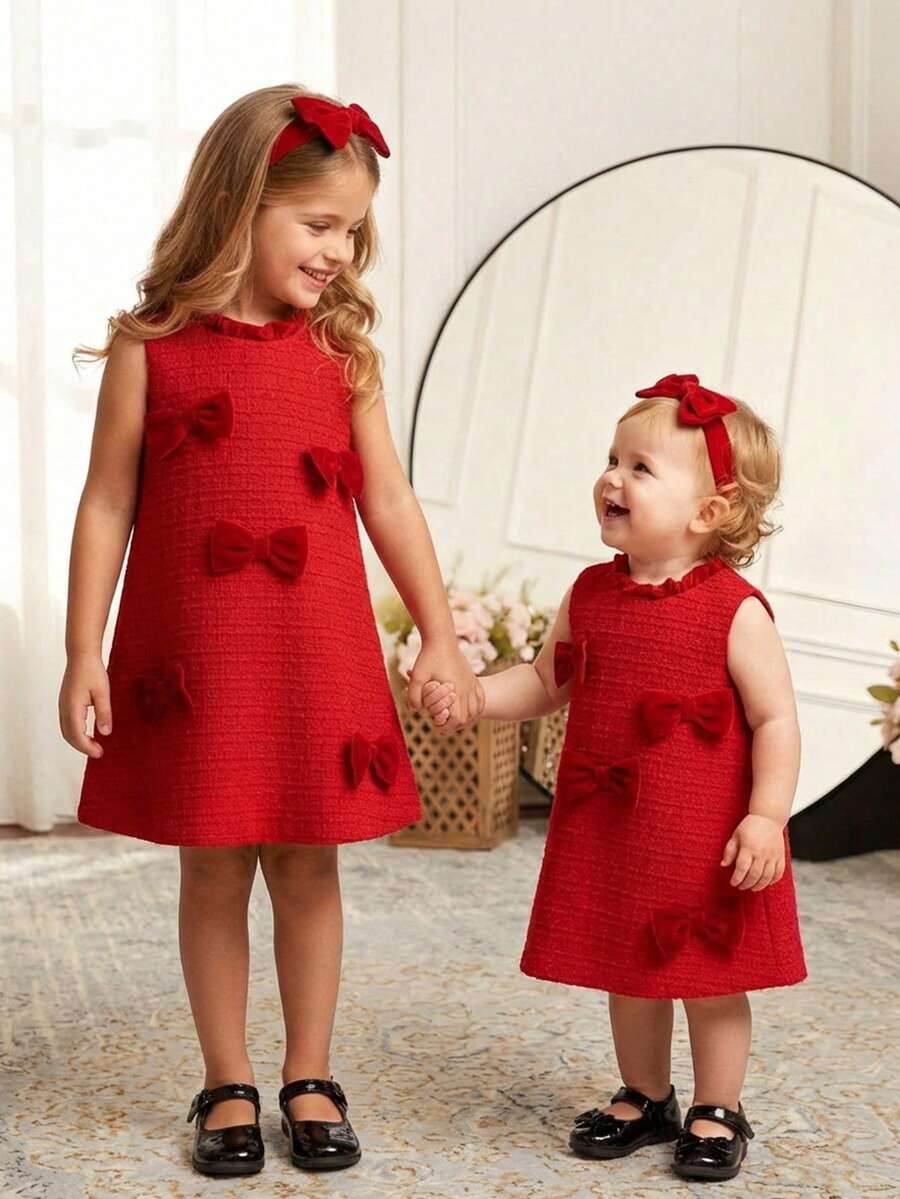 Elegant & Cute Babygirl Bow Knit Sleeveless Dress, Red - Red - View 1