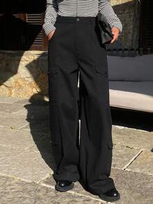 DAZY Women's Solid Color Fitted Cargo Pants With Pockets, Casual Street Style Trousers For Spring And Autumn Y2k - Black - View 4