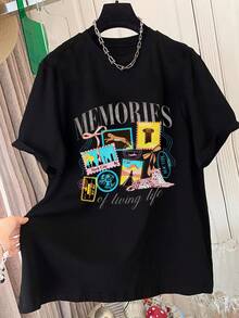 Camiseta de mujer de manga corta con cuello redondo, corte holgado y estampado gráfico, regalo para amigosBreathable and comforte - Negro - Ver 2