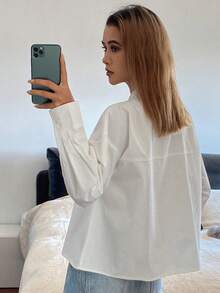 DAZY 女士宽松立领长袖优雅正式衬衫，春秋季 - 白色 - 查看 2