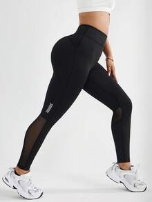 With My Calm Quần legging yoga/thể dục cơ bản dành cho nữ, có các mảng lưới, thích hợp cho thể thao, hoạt động ngoài trời và phòng tập gym. - màu đen - Xem 5