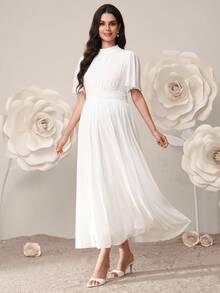 SHEIN Đầm bầu màu trơn cổ đứng tay ngắn xếp nếp thanh lịch - trắng - Xem 5