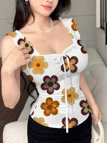 Modelyn Denim Texture Yellow Floral All-Over Print Summer Fashion Tie-Up Bow Knot Fitted Bodycon Women Tank Top - Multicolor - View 1