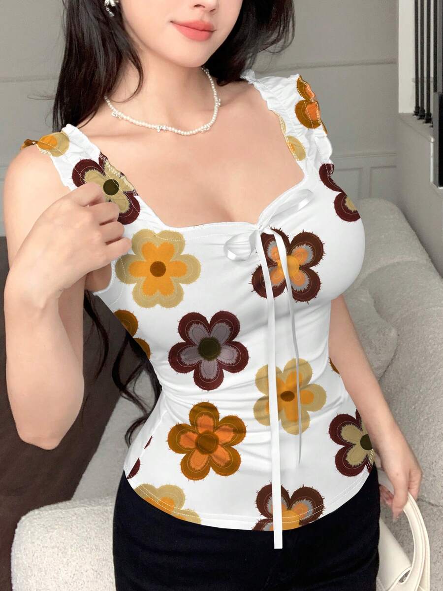 Modelyn Denim Texture Yellow Floral All-Over Print Summer Fashion Tie-Up Bow Knot Fitted Bodycon Women Tank Top - Multicolor - View 1