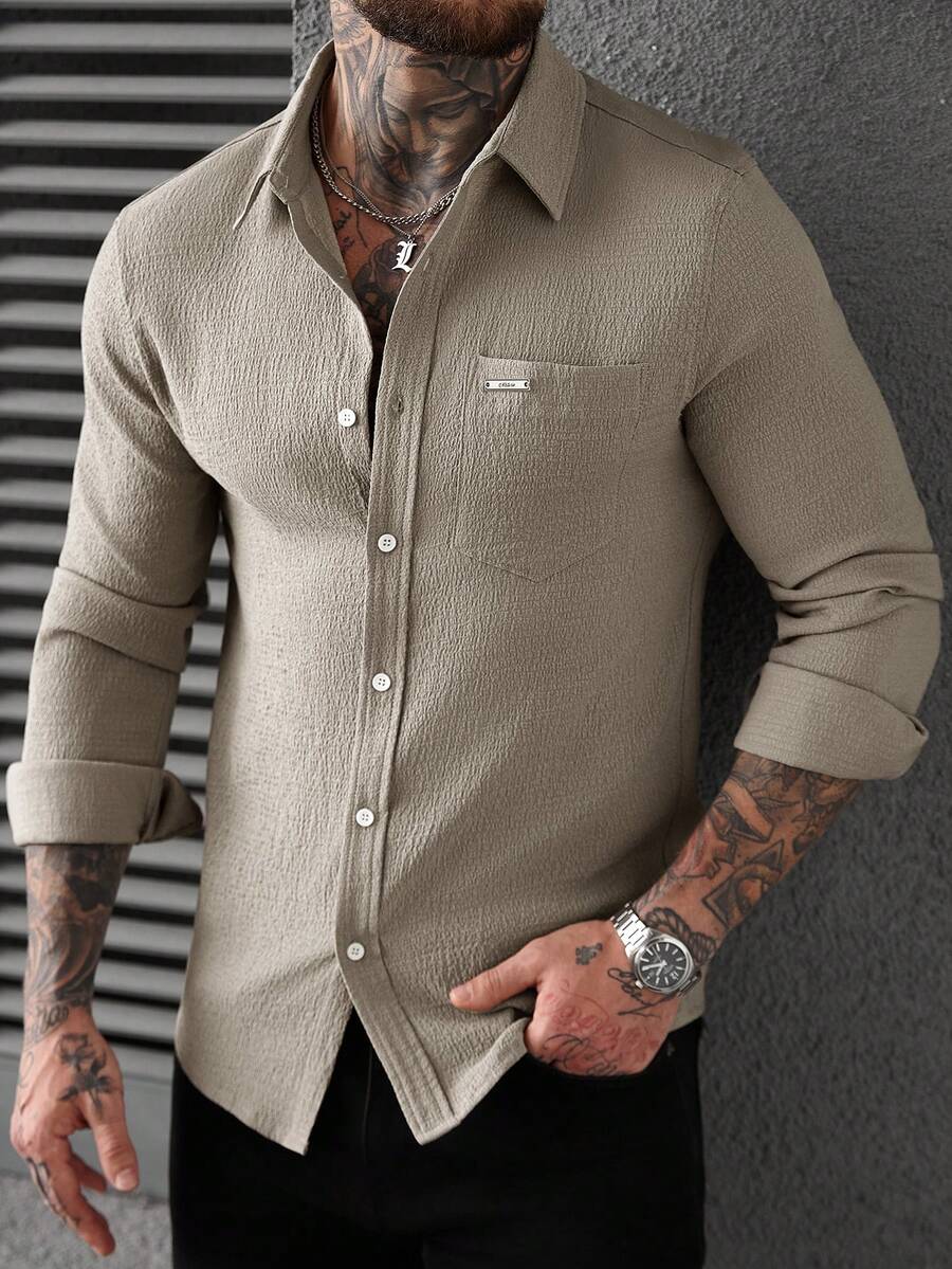 Manfinity Homme 米色纹理男士长袖衬衫：舒适面料搭配简约设计 - 卡其色 - 查看 1