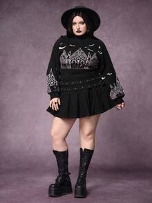 ROMWE Áo len cổ cao phối màu tương phản họa tiết lâu đài và thánh giá kiểu Gothic dành cho nữ, cỡ lớn. - Màu tím - Xem 6