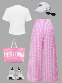 SHEIN ChillGRL Teen Girl White Minimalist Cute Bow Decor Round Neck Short Sleeve Cherry Print Top And Cargo Pants Set - White - View 2