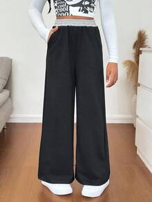SHEIN Pantalones jogger de niña preadolescente de estilo casual de calle con cintura con cordón y contraste de color - Negro - Ver 5