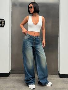 Jeans a vita alta e gamba ampia da donna - Blu lavato medio - Visualizzare 4
