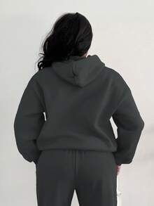 Alexandranx 夏季服装女装简约休闲纯色套头衫连帽长袖帽衫无抽绳超大码秋冬装女装 - 深灰色 - 查看 2