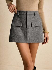Poéselle Women's Fashion Everyday Fake Pockets Mini Skirt - Dark Grey - View 2