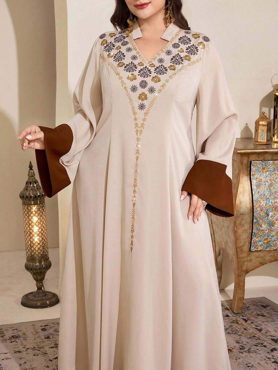 Al Najma 大码女式优雅花卉刺绣阿拉伯风格连衣裙 - 杏色 - 查看 1