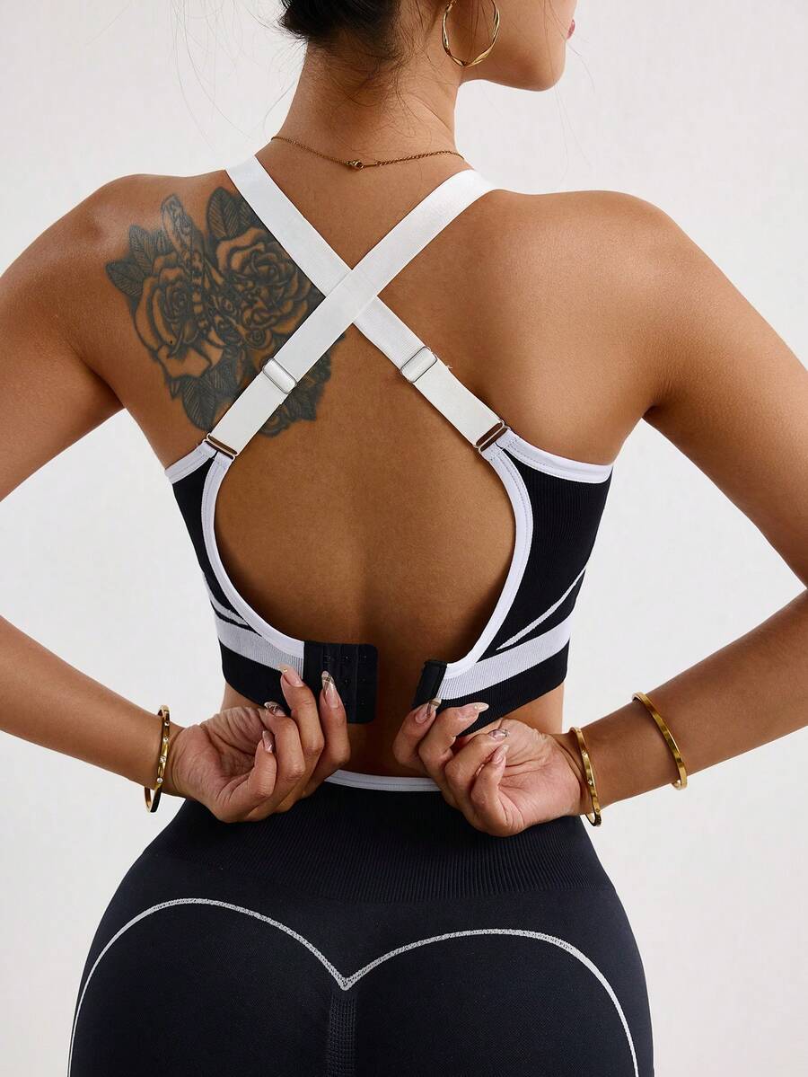 Seamluxe SHEIN Sport Seamless High Elastic Sports Fitness Bra, Fashion Color Blocking - Black and White - View 1