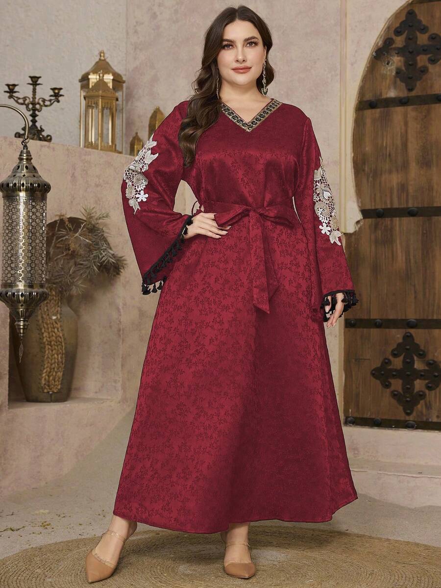 SHEIN Najma CURVE Casual Leaf Jacquard Fringe Trim Loose Long Sleeve Maxi Dress, Plus Size Women Turkish & Arabic Traditional Kaftan, Spring/Autumn - Red - View 1