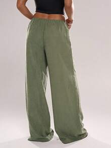 Avantive Green Straight-Leg Trousers Women's Solid Color Drawstring Waist Casual Versatile Commuting Wide Leg Pants Beach Vacation On Valentine's Day - Street Scene Breathable Soft Transitional Casual - Green - View 2