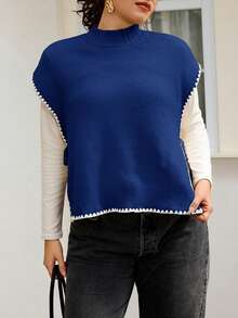 SHEIN Frenchy Plus Size Women Contrast Color Knit Top, Fashionable Plus Size Knit Top With Side Tie Design, Comfortable, Spring/Summer New Arrival - Royal Blue - View 7