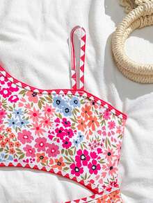 SHEIN Tween Girl Ditsy Floral One-Piece Swimsuit,White Boho Ruffle Trim Bathing Suit,Summer Holiday Vacation Pool Party High Waisted Tropical Beachwear - Multicolor - View 3