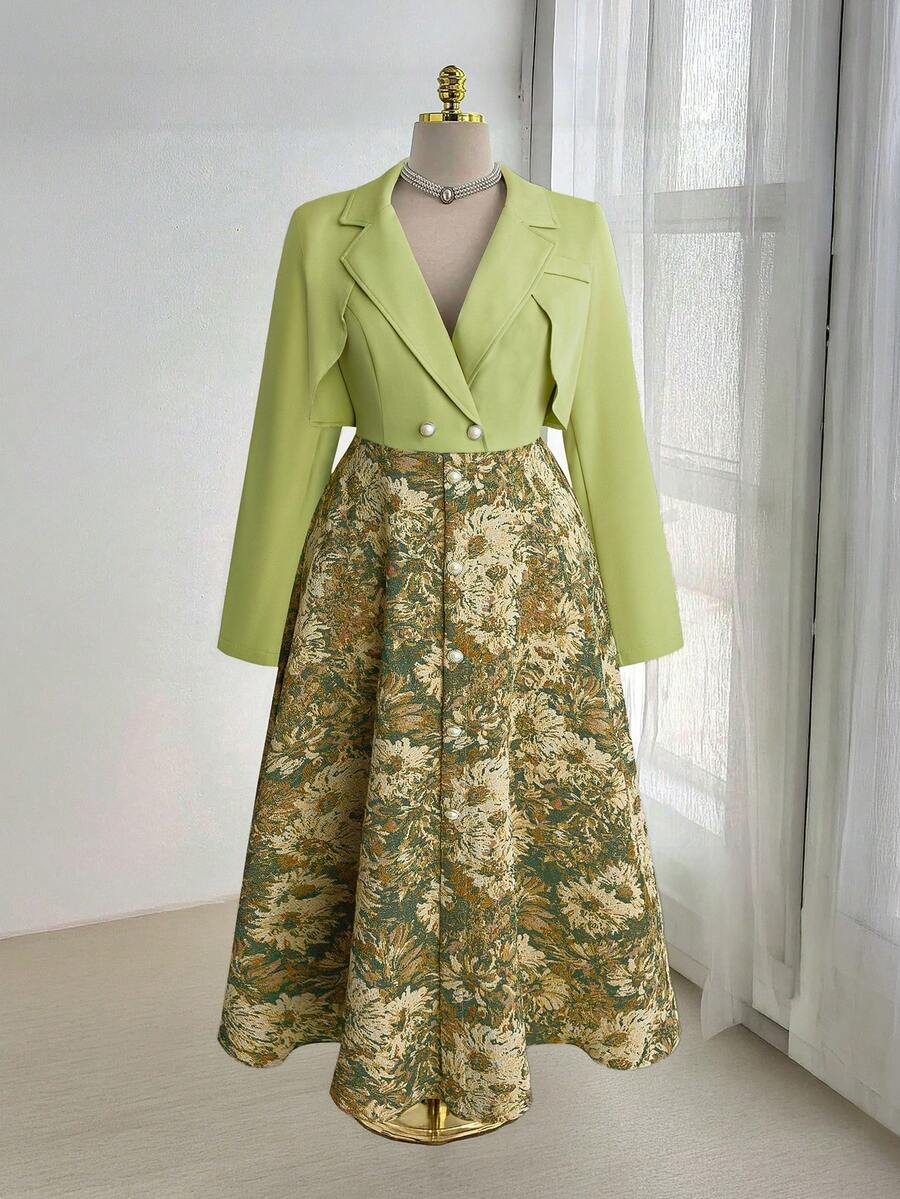 Sweetra Áo blazer ngắn kiểu quấn buộc dây thanh lịch, đầm mini ôm dáng, đầm chữ A in họa tiết hoa hướng dương cổ điển, bộ đầm hai mảnh ôm dáng. - Nhiều màu - Xem 1