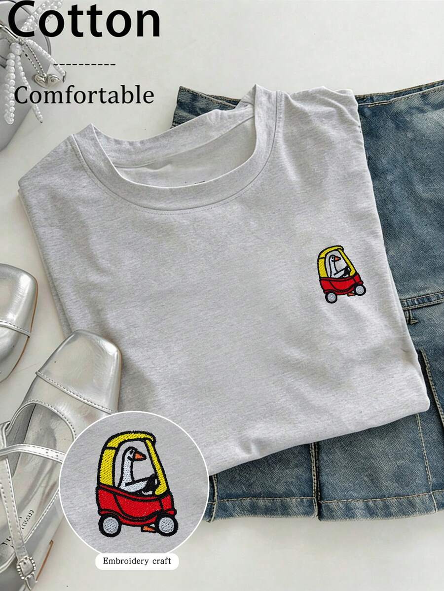 INAWLY Embroidered Silly Goose T-Shirt: 90s Retro Funny Gift Tee For Women - Light Grey - View 1