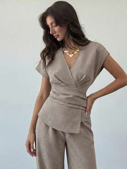 Aloruh 春夏新款套装，优雅度假装，杏色亚麻不对称袖侧褶腰通勤套装，杏色竹亚麻面料衬衫和高腰阔腿裤套装，时尚通勤风褶腰不对称下摆衬衫和裤子两件套，适合所有季节，优雅通勤，日常外出，休闲搭配，毕业典礼，教师节，返校季和其他场合。