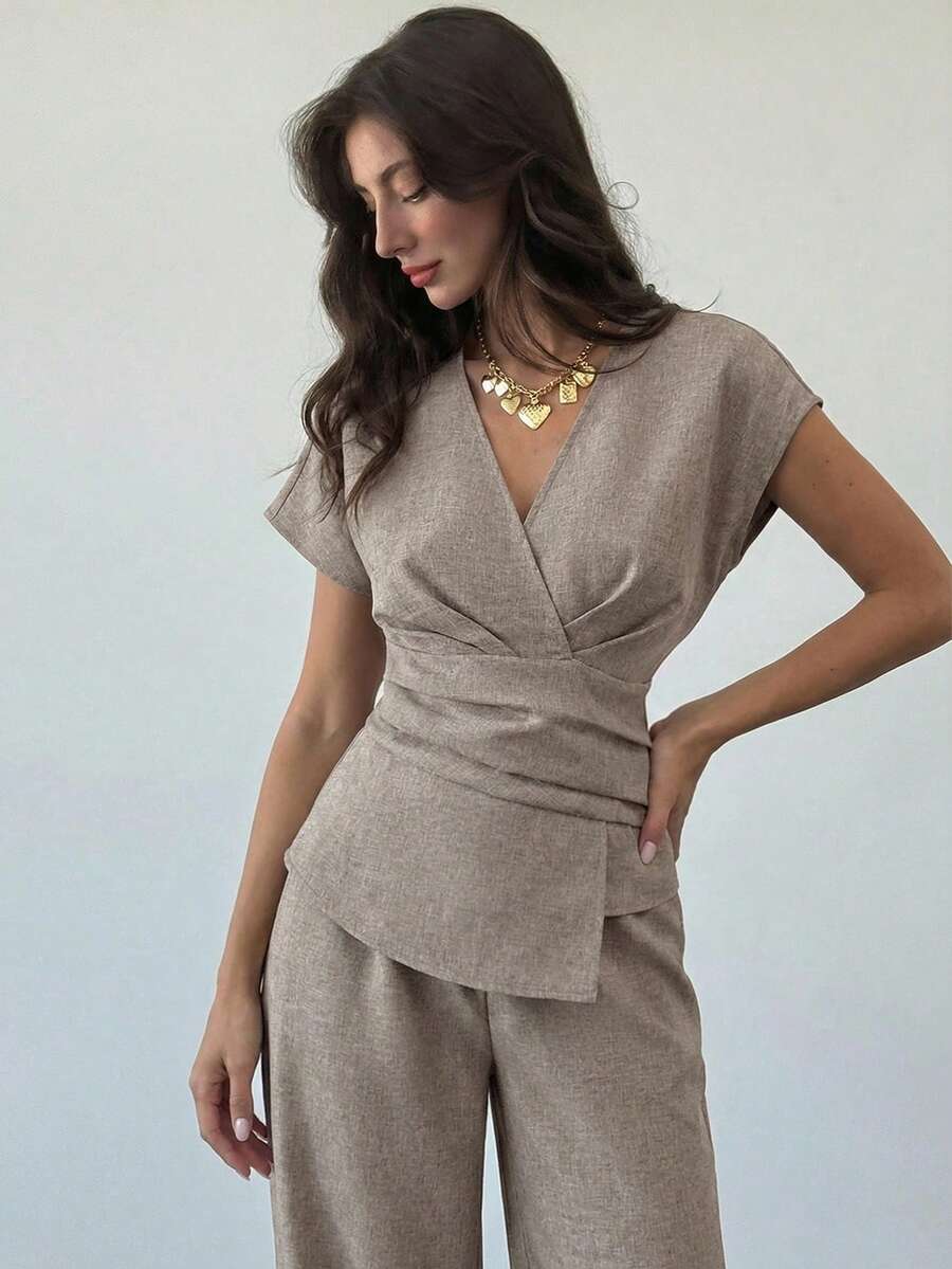 Aloruh Bộ đồ mới Xuân/Hè, trang phục nghỉ dưỡng thanh lịch, áo sơ mi vải lanh màu mơ tay lệch, eo nhún, kiểu dáng công sở, gồm áo sơ mi vải lanh tre màu mơ và quần ống rộng cạp cao, bộ hai mảnh thời trang công sở với eo nhún và gấu áo lệch, phù hợp cho mọi mùa, trang phục công sở thanh lịch, đi chơi hàng ngày, phối đồ thường ngày, lễ tốt nghiệp, ngày Nhà giáo, tựu trường và các dịp khác.