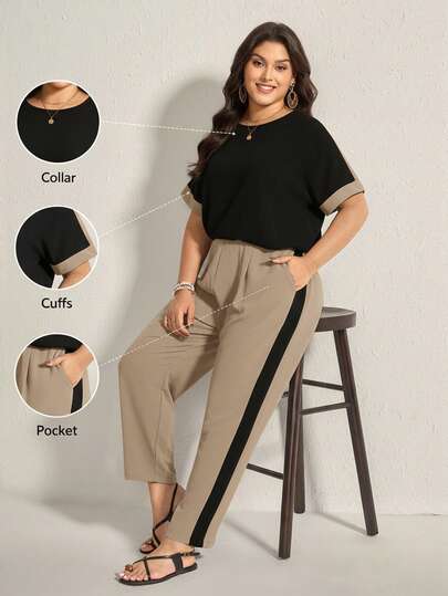 Comfylo Plus Size Summer Casual Commuter Color Block Shirt & Pants Set, Summer Outfits