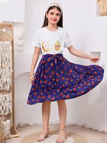SHEIN DRMZ 2 Tween Girl Knitted Solid Crew Neck Top And Woven Floral Skirt Set, Golden Moon And Lamp, Decoration, Ramadhan - Blue - View 3