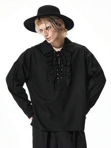 ROMWE MEN Men's Fashion Gothic Ruffled Collar Shirt - Black and White - View 6
