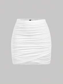 SHEIN MOD 两件套女士纯色褶皱紧身半身裙，黑白配色，适合夏季、春假、情人节、生日、外出、Y2K假期等场合，褶皱裙，黑白裙，两件套半身裙，嘉年华服装 - 黑與白 - 查看 5