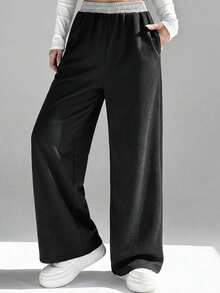 SHEIN Pantalones jogger de niña preadolescente de estilo casual de calle con cintura con cordón y contraste de color - Negro - Ver 8