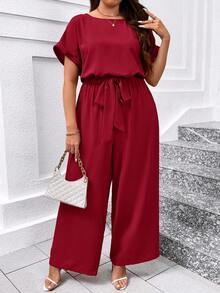 SHEIN Clasi Bộ áo liền quần cỡ lớn thanh lịch cổ tròn có thắt lưng và ống rộng. - Đỏ - Xem 1